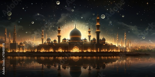 A large and luxurious mosque in a photo at night does not glow yellowish from inside. generative AI