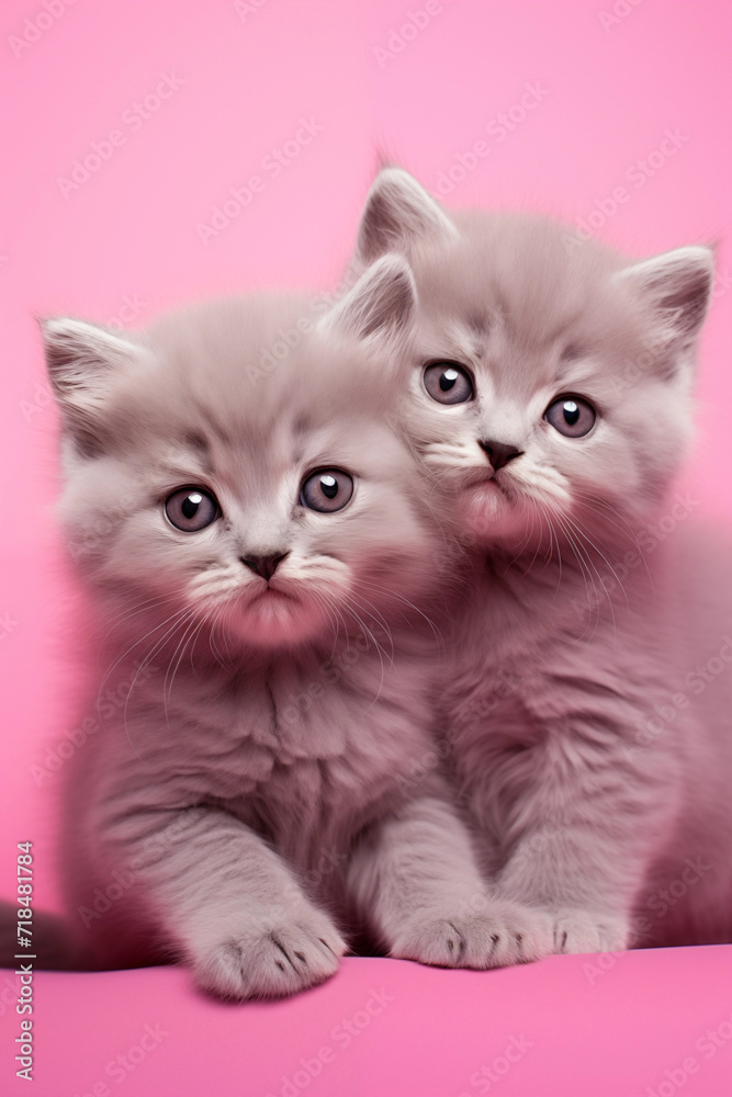 two cute lovers hug kittens on pink background for valentine's day postcard, valentine's day card, generative AI