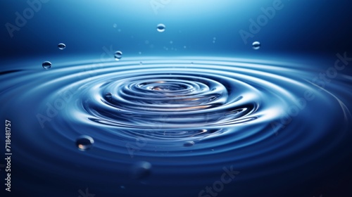 Macro shot of a single water droplet creating ripples on a tranquil blue water surface.