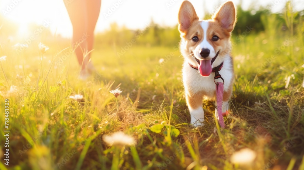 Adorable Corgi puppy on a leash happily explores the outdoors during a sunset walk.