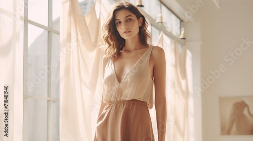 A graceful young woman stands in a sunlit room, wearing a sheer dress that whispers elegance.