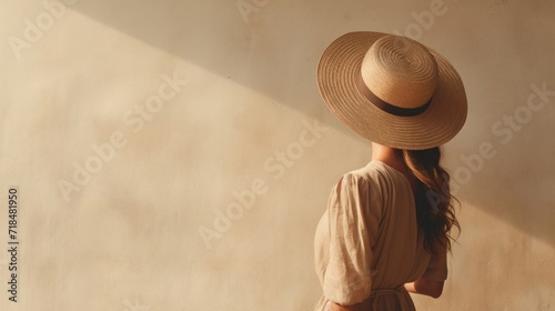 The back view of a contemplative woman in a straw hat facing a textured wall bathed in sunlight.