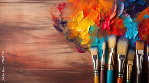 A dynamic array of colorful paints exploding from the tips of various brushes against a wooden backdrop. photo