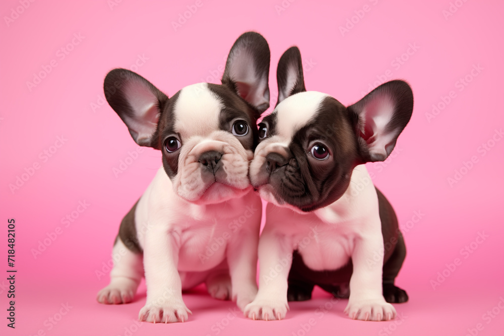 two cute lovers hug french bulldog puppies on pink background for valentine's day postcard, generative AI