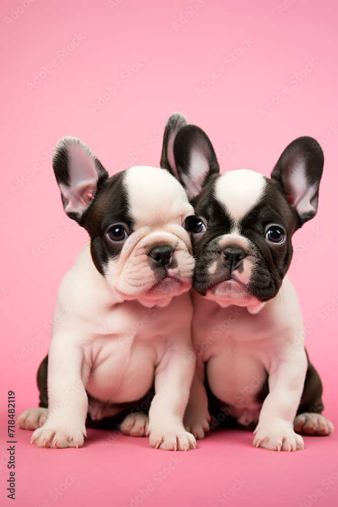 two cute lovers hug french bulldog puppies on pink background for valentine's day postcard with space for text, generative AI