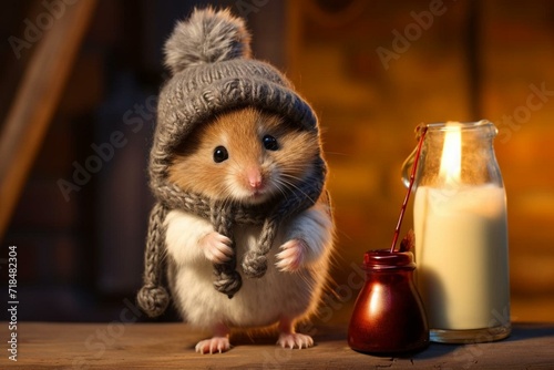 A adorable critter wearing winter accessories, holding a toy mouse and wine bottle placed on a wooden table Fototapet
