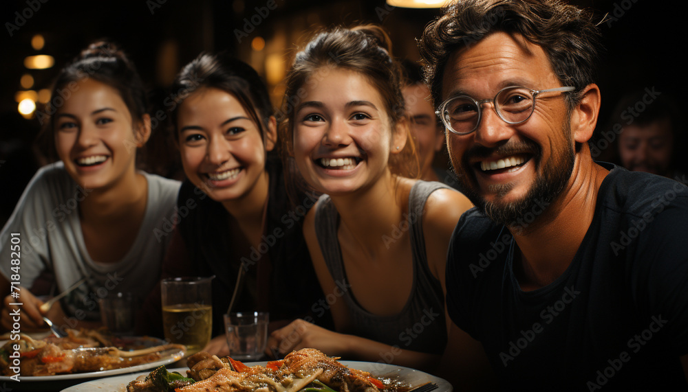 A group of friends laughing, enjoying food and drinks together generative AI