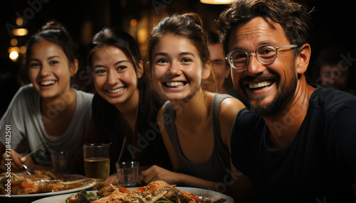 A group of friends laughing  enjoying food and drinks together generative AI