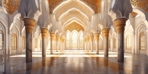 An illustration of the building inside the mosque with cream paint and golden yellow shades. generative AI