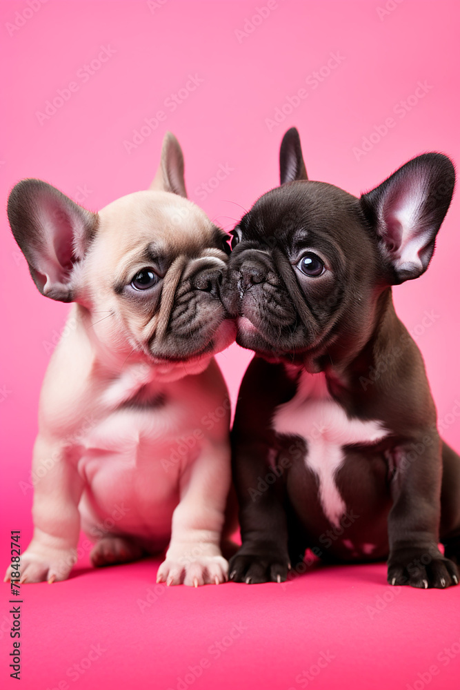 two cute lovers hug french bulldog puppies on pink background for valentine's day postcard with space for text, generative AI