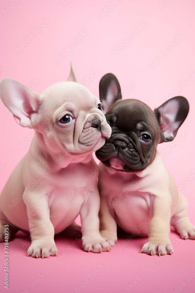 two cute lovers hug french bulldog puppies on pink background for valentine's day postcard with space for text, generative AI