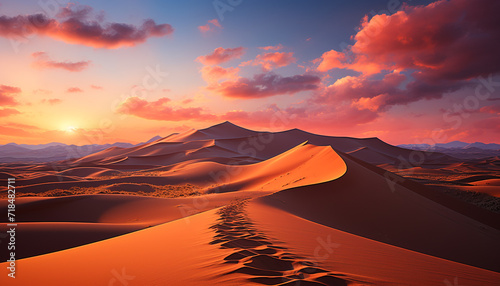 Sand dune sunset, mountain landscape, cloud sky, beauty in nature generated by AI