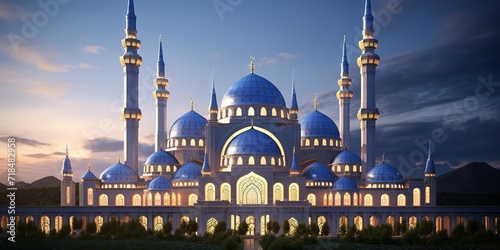 An illustration of a magnificent and luxurious mosque with a blue dome and a bright sky background. generative AI