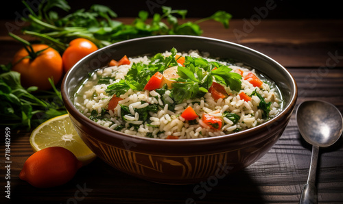 Rice with vegetables and herbs in rustic bowl on wooden table