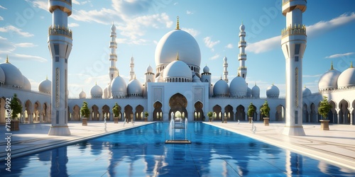 An illustration of a magnificent and luxurious mosque with a blue dome and a bright sky background. generative AI photo
