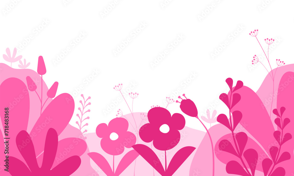 Vector pink and purple nature floral background with copy space for banner, beautiful blue design template in flat style, spring or summer foliage.