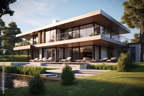 3d visualization of the house. Brick facade. House with large windows and flat roof. Modern architecture Generative AI