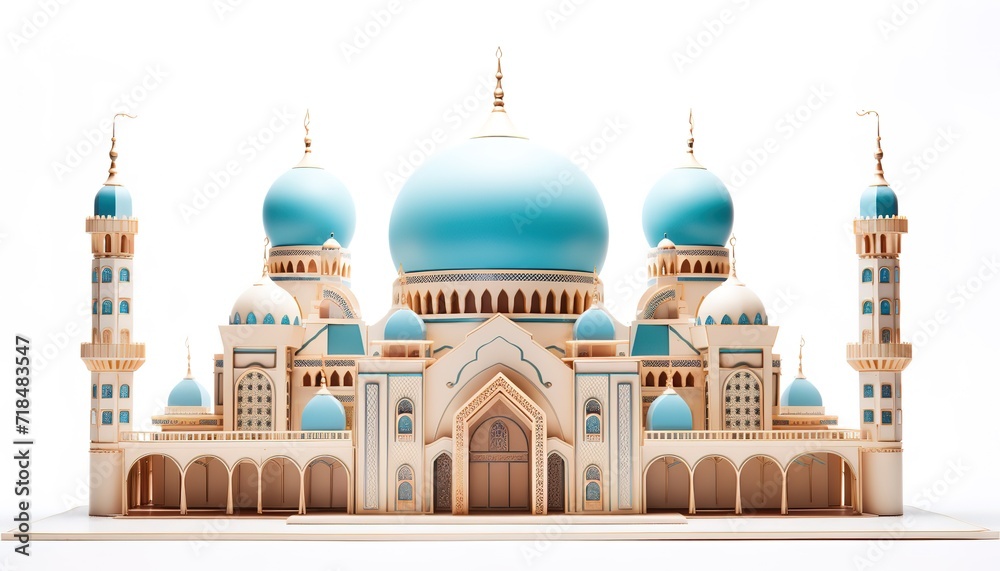 A concept illustration of a majestic and luxurious mosque with a blue Dome isolated on a white background. generative AI
