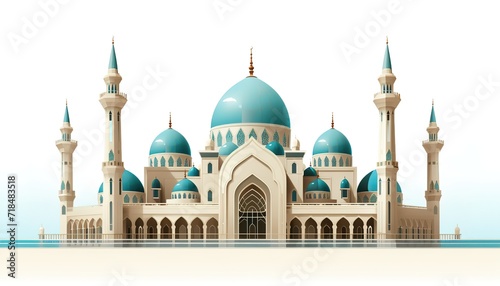 A concept illustration of a majestic and luxurious mosque with a blue Dome isolated on a white background. generative AI