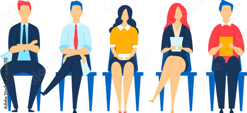 Five diverse professionals sitting in a row on chairs, waiting for interview. Job candidates diverse team waiting. Professional group sitting in line vector illustration.