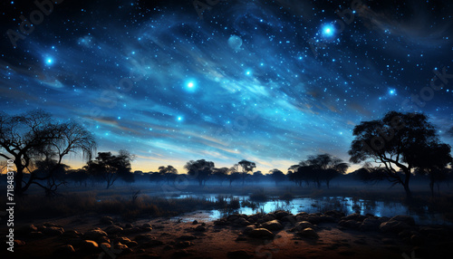 Tranquil scene, dark sky, starlit tree, nature breathtaking beauty generated by AI © Jemastock