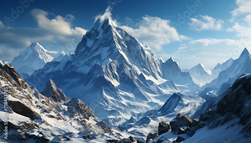 Majestic mountain peak, blue sky, tranquil scene, frozen beauty generated by AI