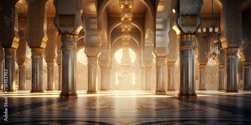 Photo of interiors in a magnificent and beautiful mosque. generative AI photo