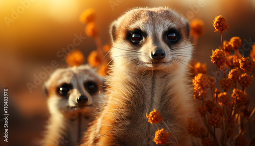 Cute small meerkat looking at camera in nature outdoors generated by AI