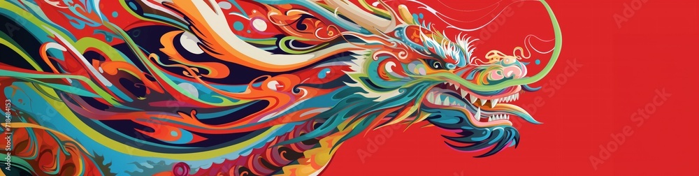 Obraz premium A panoramic Chinese style traditional fiery red Dragon. Chinese New Year Zodiac sign, Year of the Dragon illustration background banner poster format. Generative AI