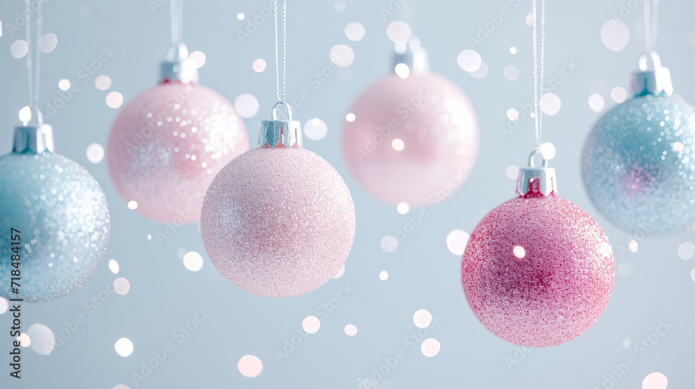 Pink and purple christmas balls with blue background. colorful xmas balls for christmas tree. Pink and purple christmas balls with blue background. colorful xmas balls for christmas tree.