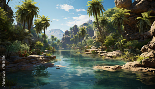 A tranquil scene of a tropical rainforest with palm trees generated by AI