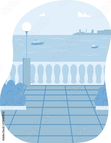 Seaside balcony view with balustrade and ocean scene with ships. Peaceful seafront promenade illustration. Calm day by the sea vector illustration.