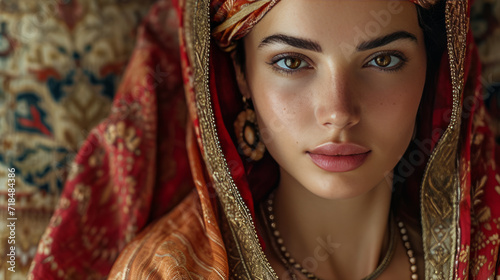 Beautiful young turkish ottoman girl with traditional clothing and jewelry. photo