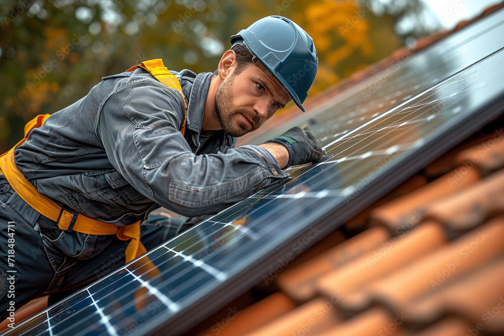 Solar cells are being fixed and put on the roof of the house by technicians.. Solar cells are being fixed and put on the roof of the house by technicians..