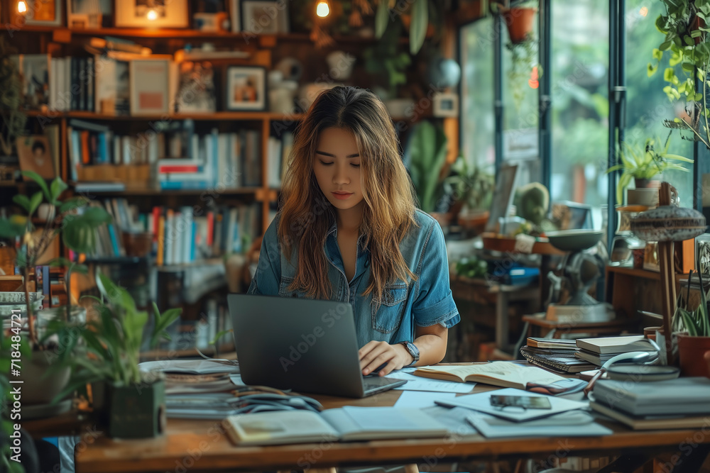 Woman sitting and working at home in summer Woman sitting and working at home in summer