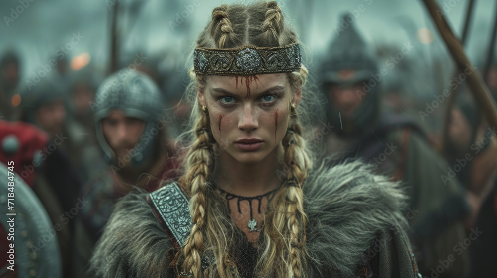 A young brave Viking heroine on the battlefield after the battle.