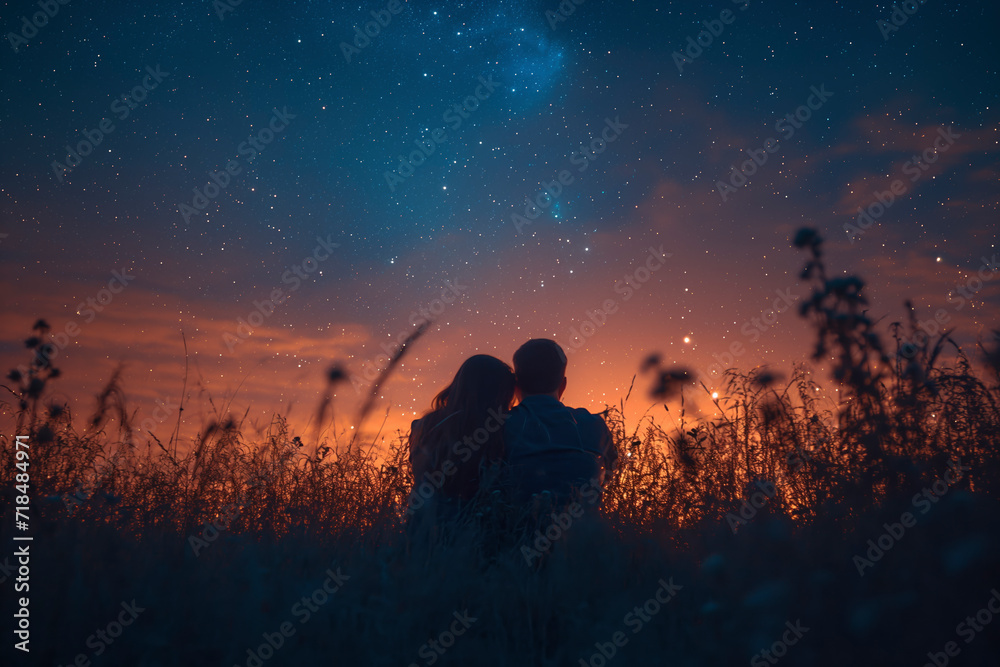 Couple sitting and looking at the stars at night