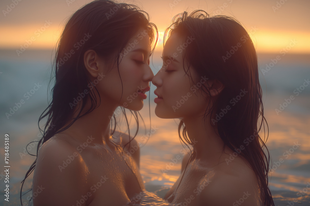 a couple happy lesbians go to the beach. It's a kiss.