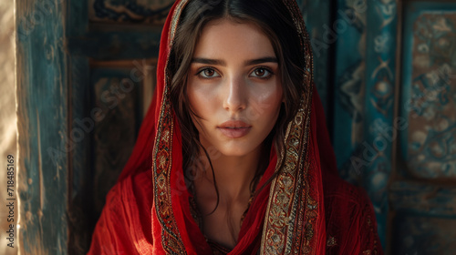 Portrait of beautiful islamic girl with blue eyes wearing red scarf and traditional clothes.