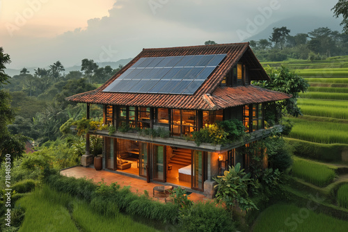 House in the middle of a rice field Solar cells on the roof