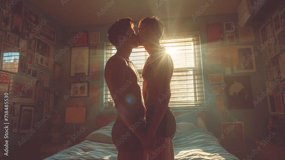 A happy, gay couple kisses on Valentine's Day. - obrazy, fototapety, plakaty 