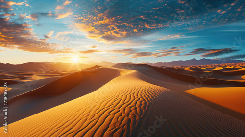 Stunning panorama of vast desert landscape with warm light of sunrise photo