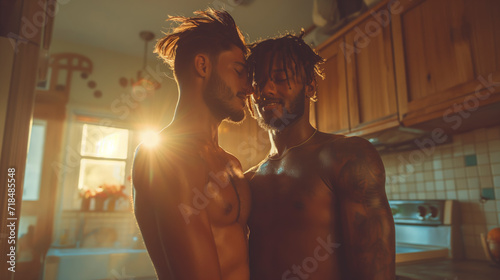 Gay couple hugging in the kitchen they are happy photo