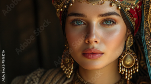 Beautiful young turkish ottoman girl with traditional clothing and jewelry.