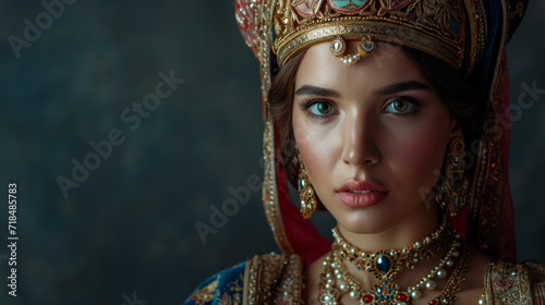Beautiful young turkish ottoman girl with traditional clothing and jewelry.