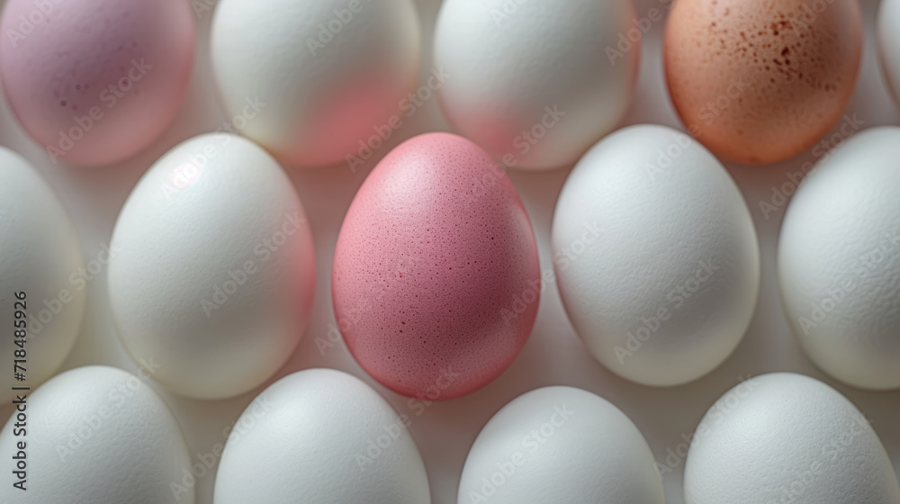 One pink egg with white eggs One pink egg with white eggs