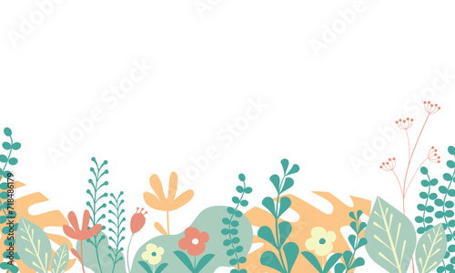 Vector illustration in simple flat style with copy space for text-background with plant and leaves, tropical floral background, natural banner, Spring or summer foliage.