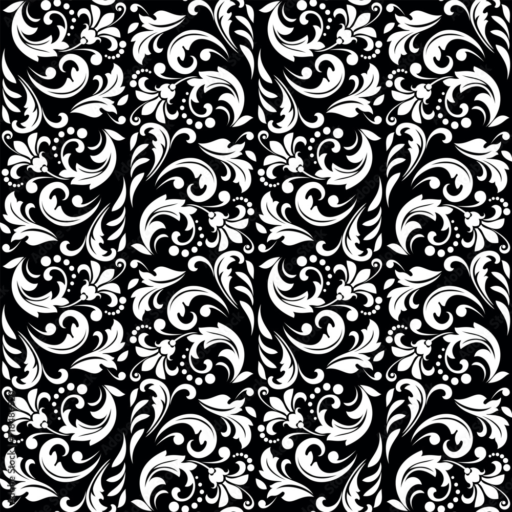 Flower pattern. Seamless white and black ornament. Graphic vector background. Ornament for fabric, wallpaper, packaging Flower pattern. Seamless white and black ornament. Graphic vector background. Ornament for fabric, wallpaper, packaging