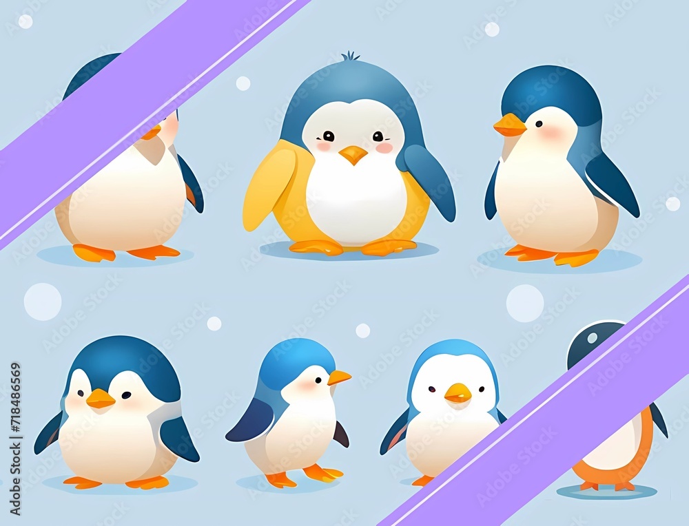 Obraz premium 可愛いペンギン アイコンセット風文字入れ壁紙背景