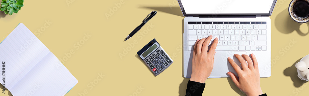 Woman using a laptop computer with a piggy bank and a calculator Woman using a laptop computer with a piggy bank and a calculator